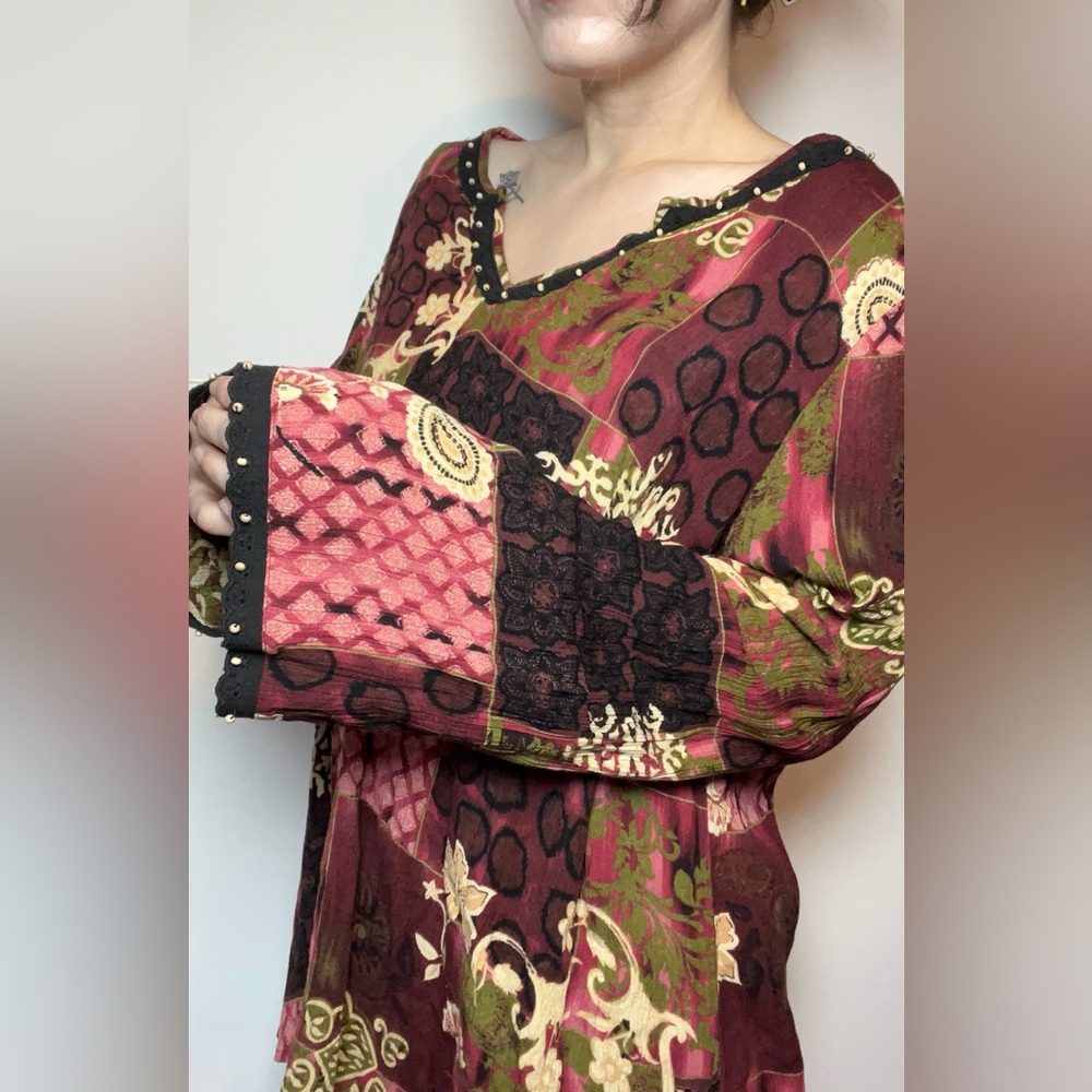 Notations Boho Patchwork Print Top w/ Beaded Trim… - image 1